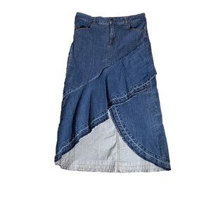 Y2K Maxi Flare Denim Skirt Festival Boho Hippie Ruffle Distressed Hem Small